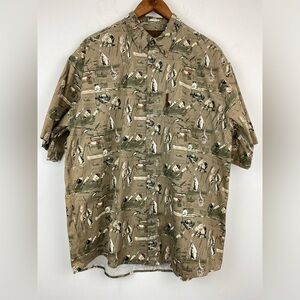 North River size Large Men’s Beige Green Fishing Lures Short Sleeve Shirt